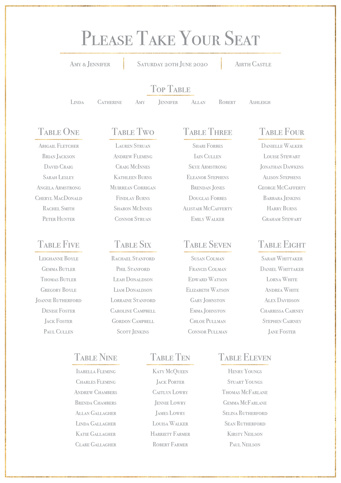 Classic Gold Foil Effect Frame Wedding Table Plan