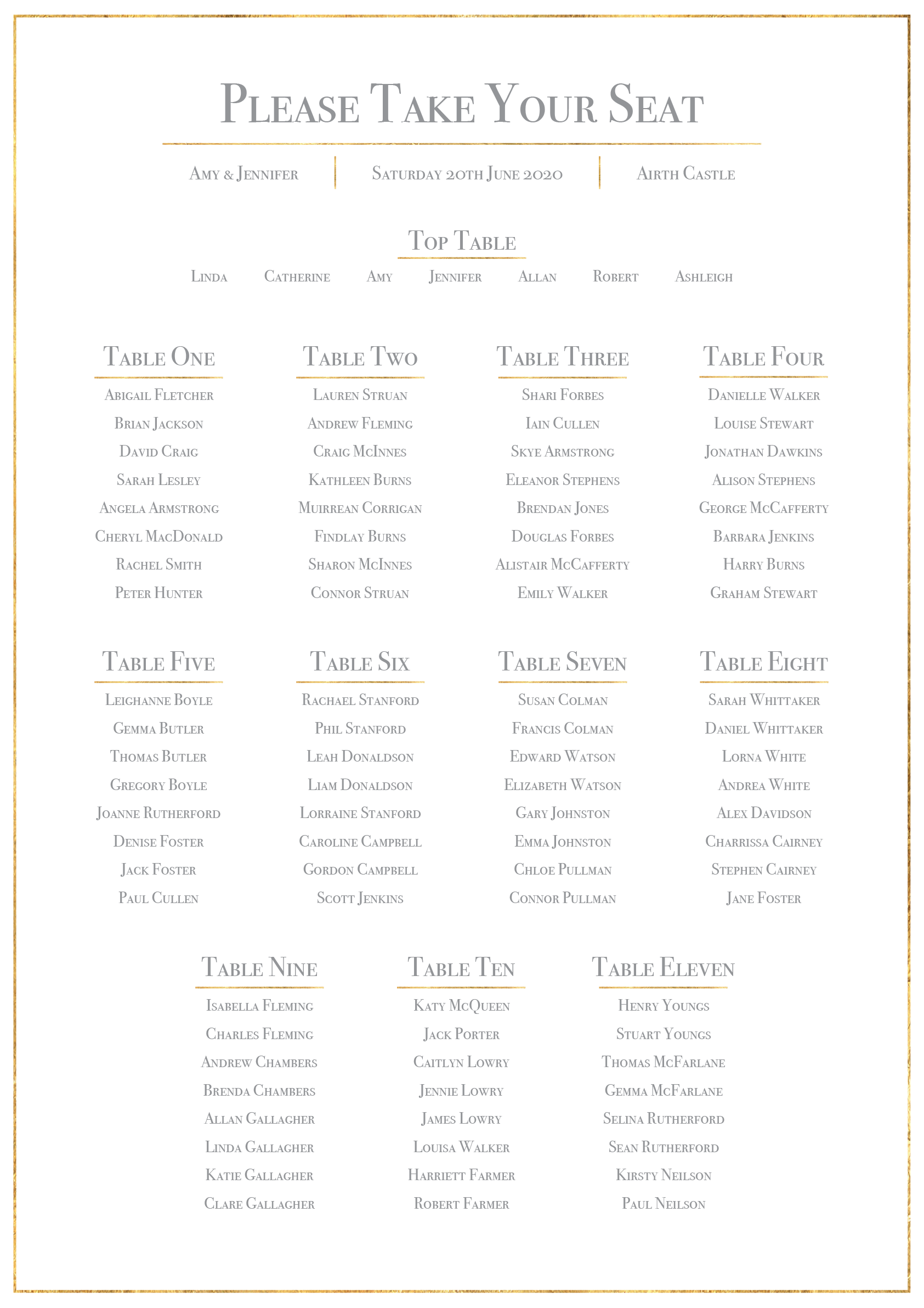 Classic Gold Foil Effect Frame Wedding Table Plan