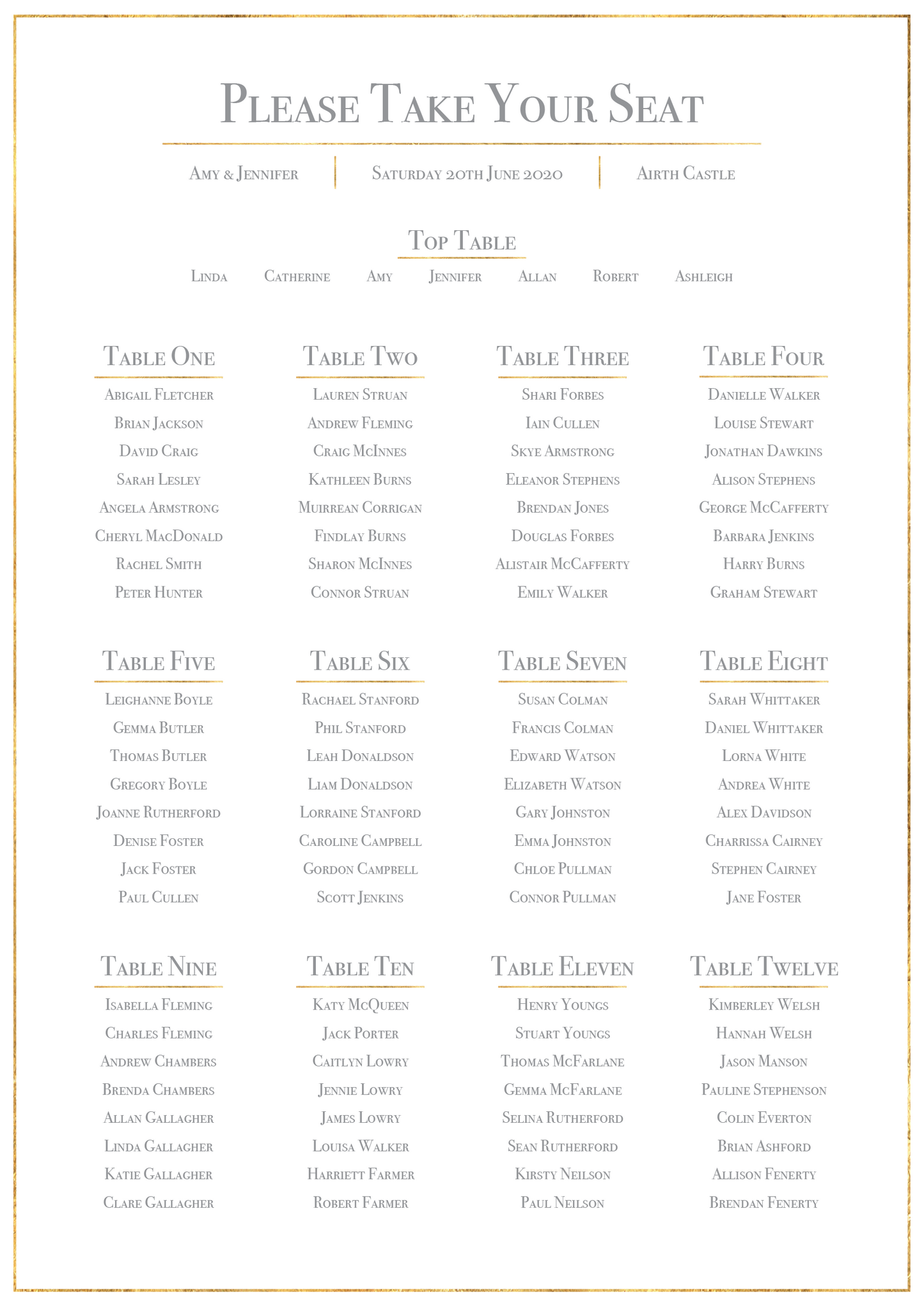 Classic Gold Foil Effect Frame Wedding Table Plan