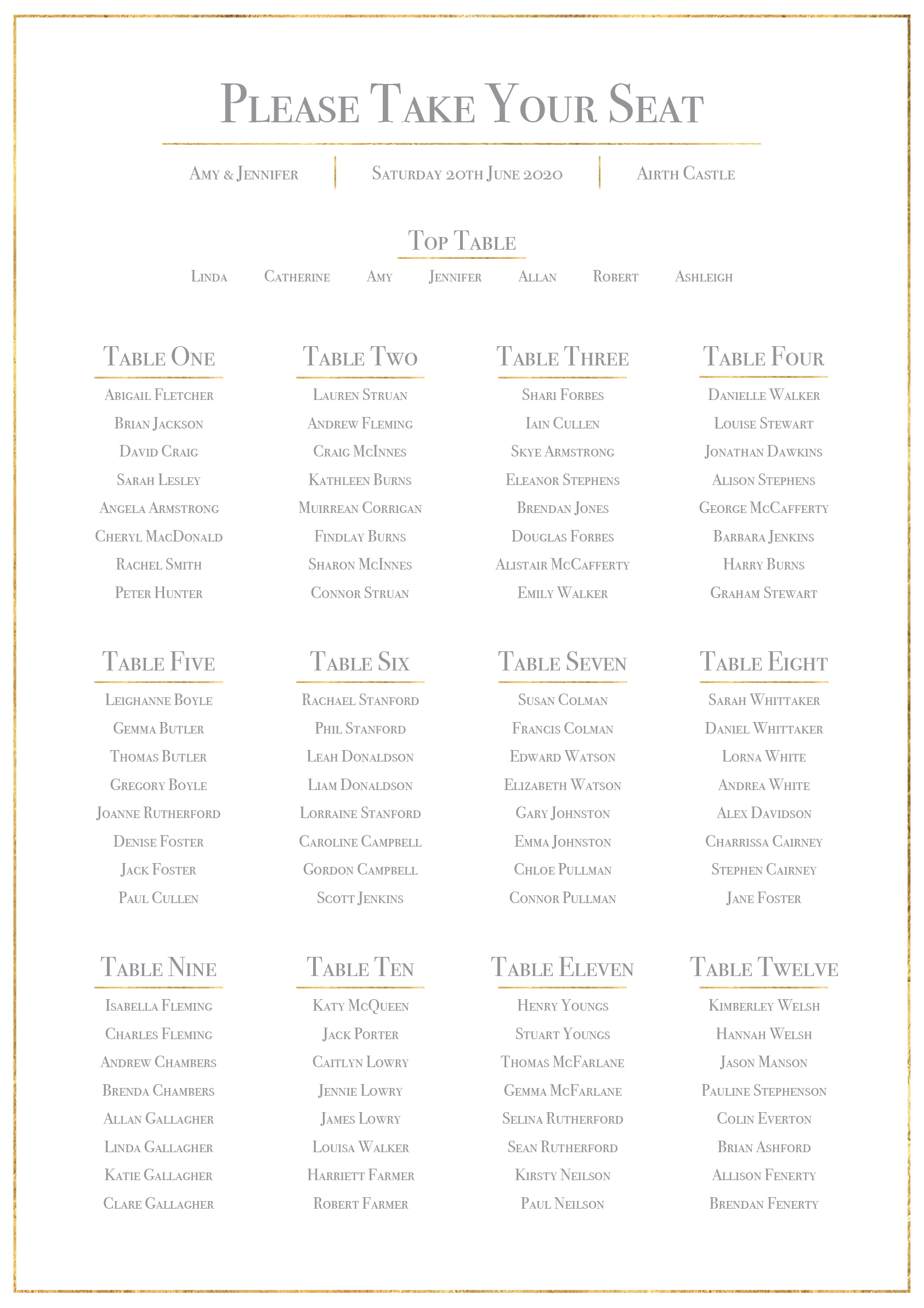 Classic Gold Foil Effect Frame Wedding Table Plan