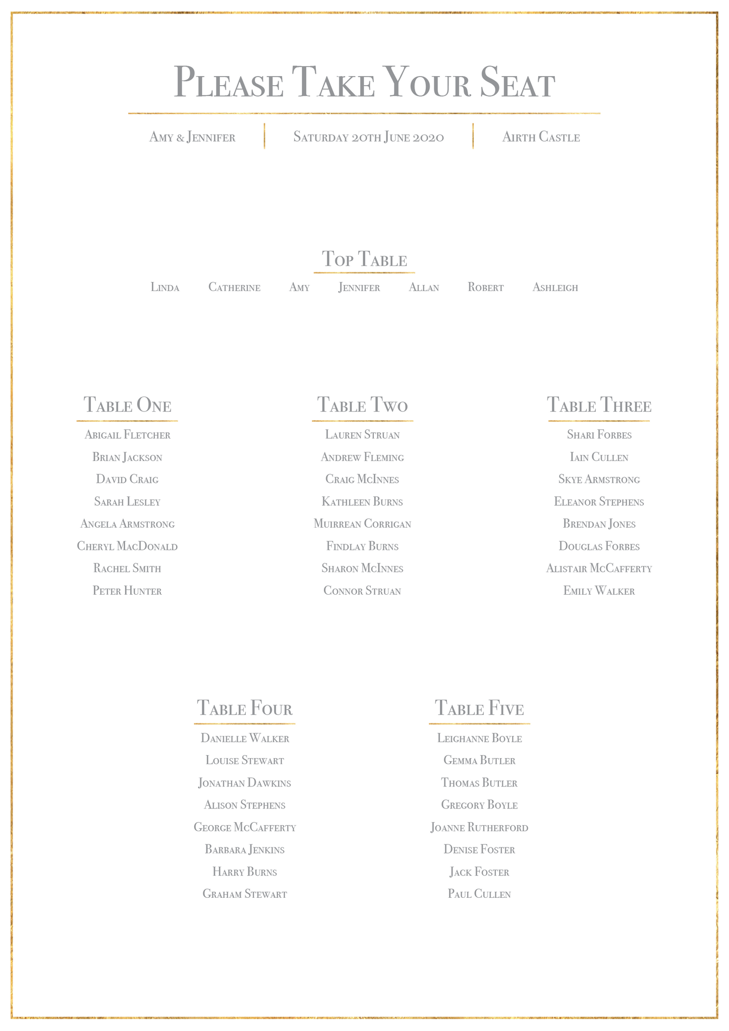 Classic Gold Foil Effect Frame Wedding Table Plan