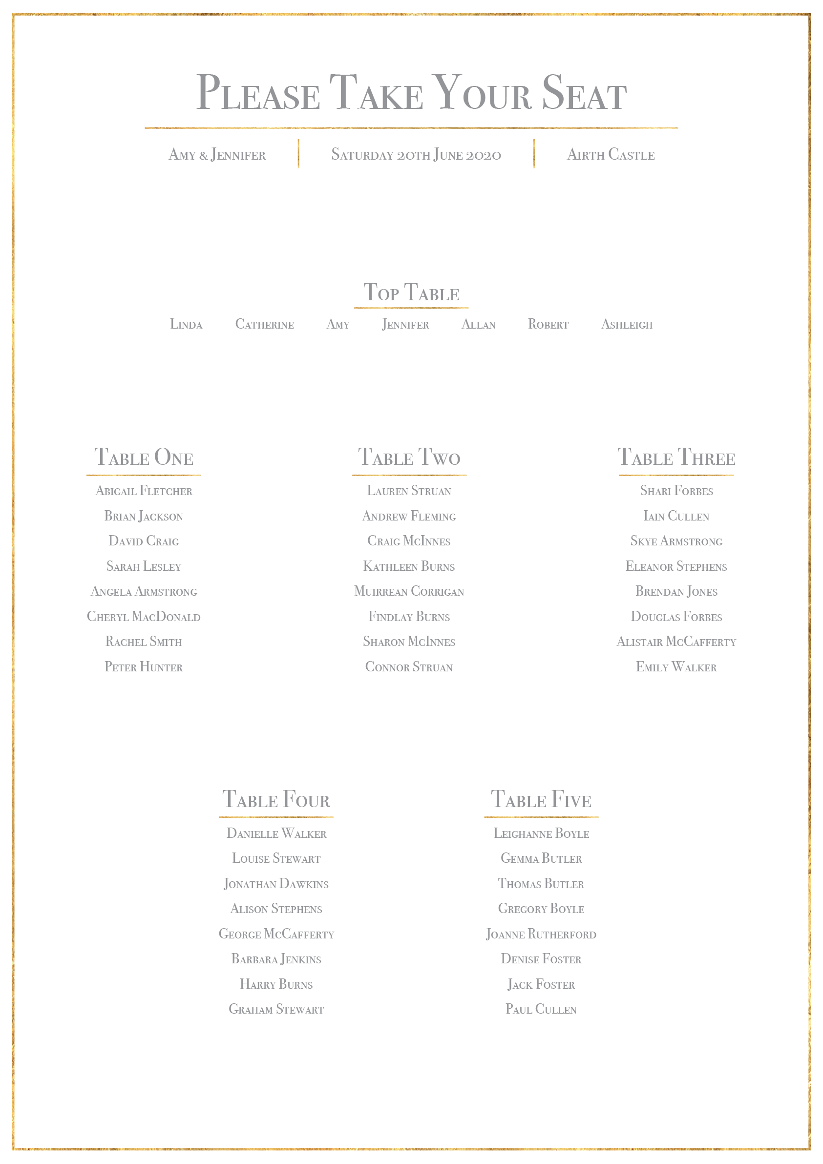 Classic Gold Foil Effect Frame Wedding Table Plan