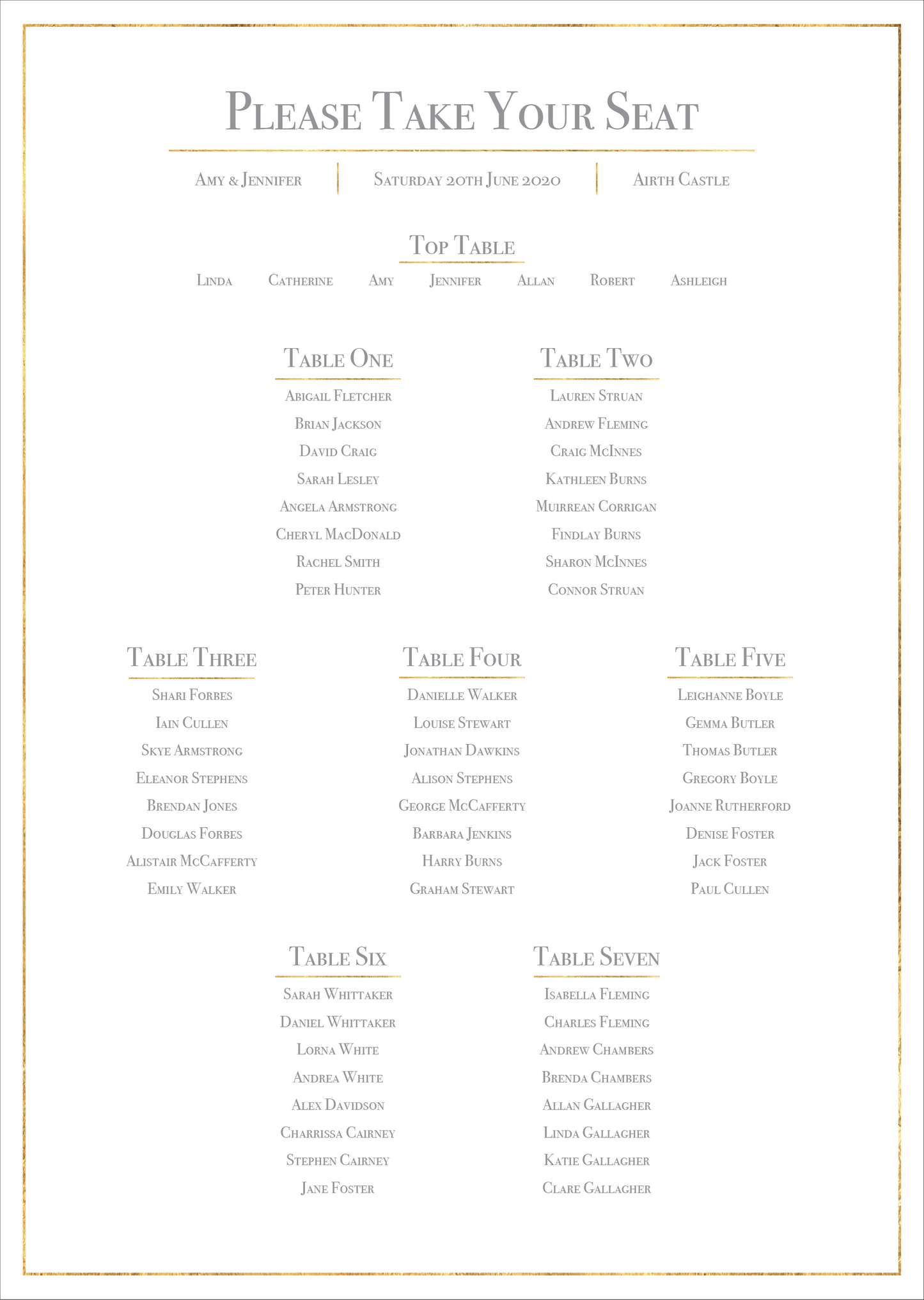 Classic Gold Foil Effect Frame Wedding Table Plan