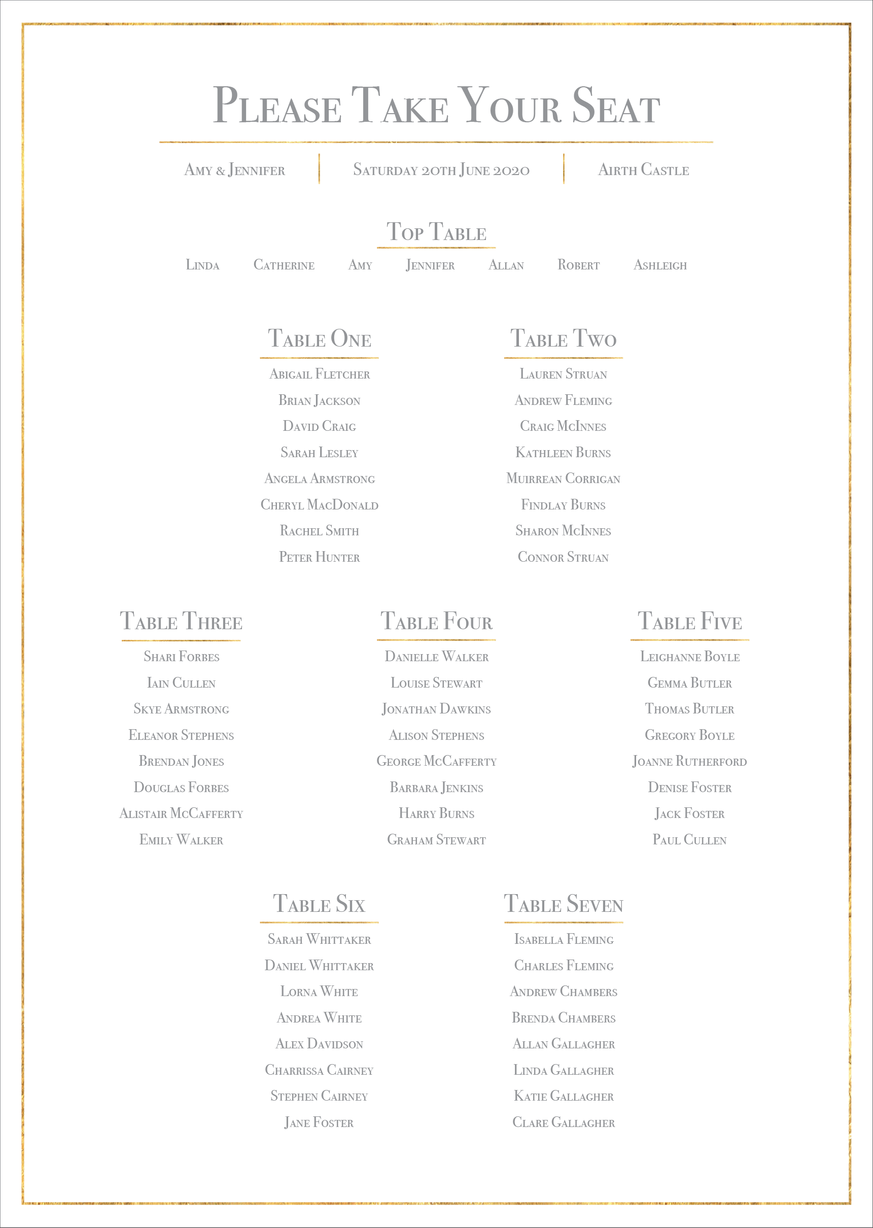 Classic Gold Foil Effect Frame Wedding Table Plan