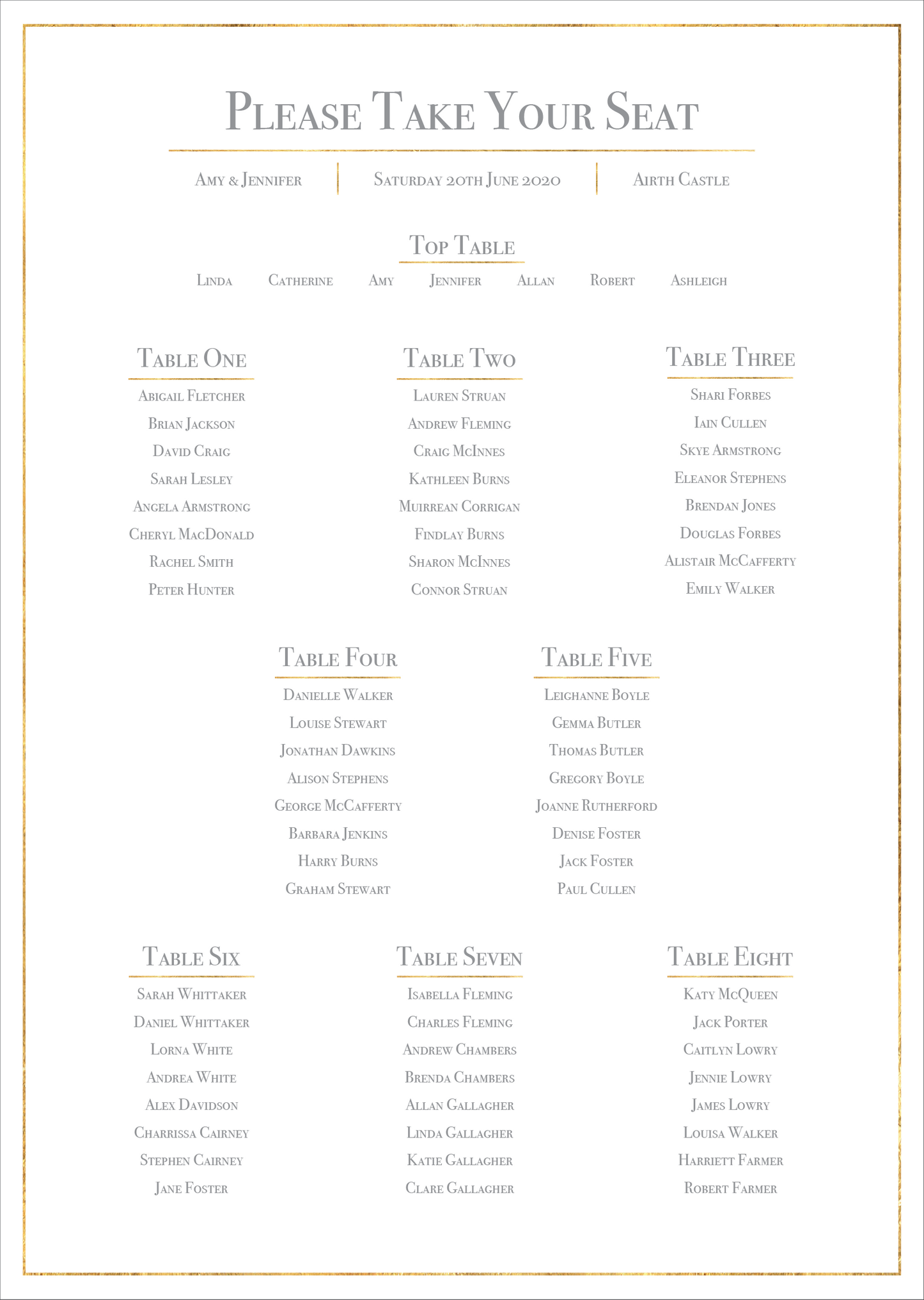 Classic Gold Foil Effect Frame Wedding Table Plan