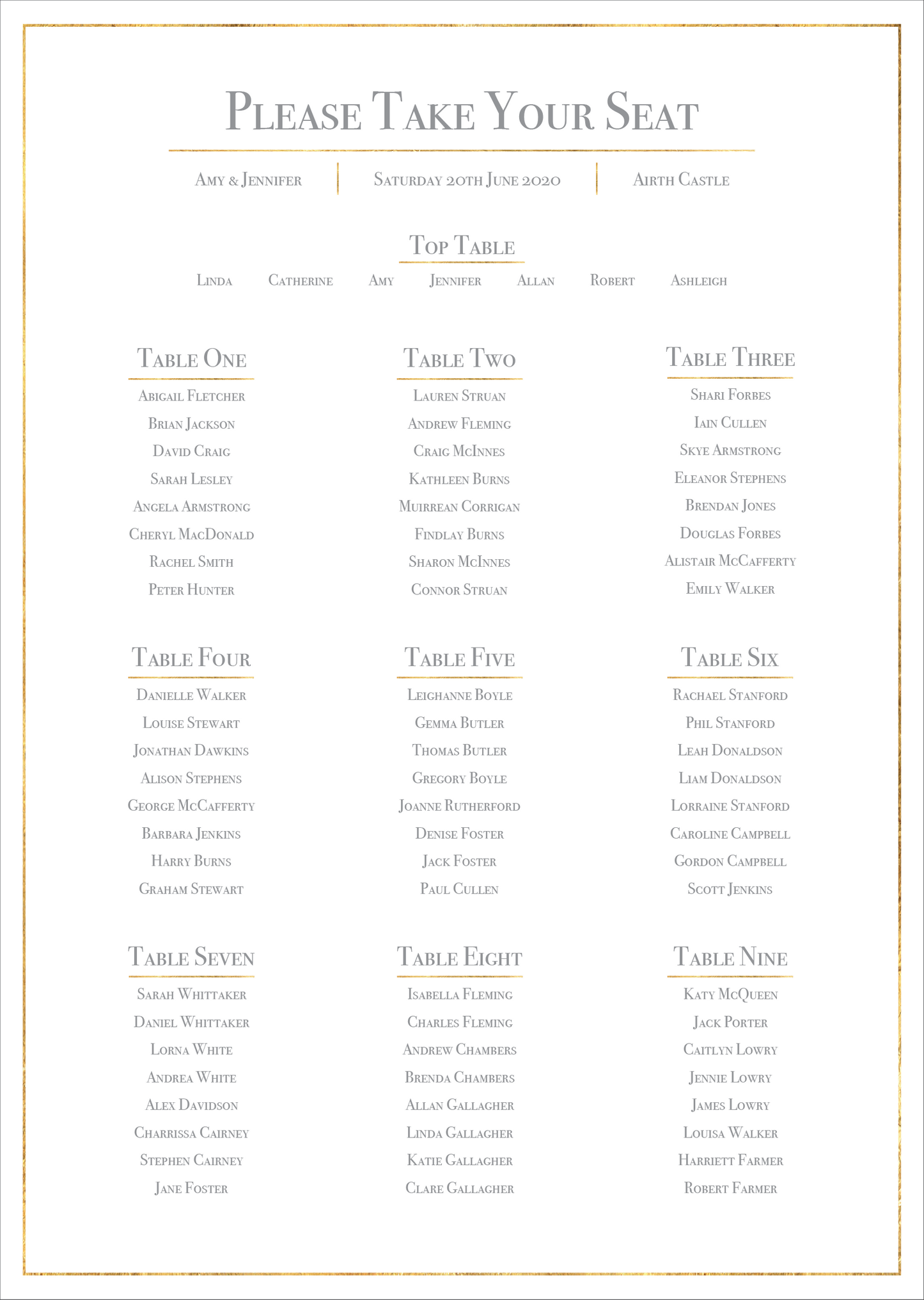 Classic Gold Foil Effect Frame Wedding Table Plan