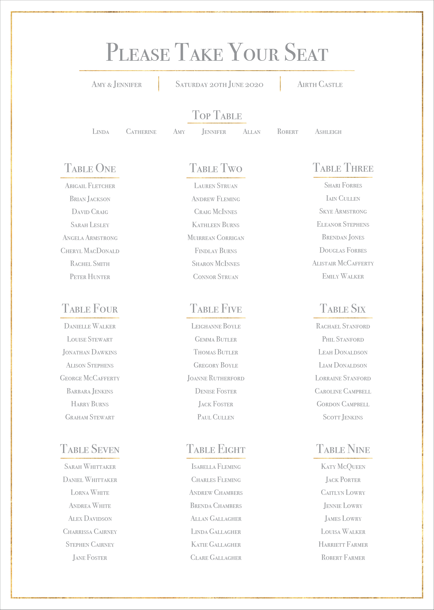 Classic Gold Foil Effect Frame Wedding Table Plan