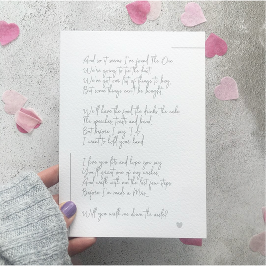 'Will you walk me down the aisle?' Seconds Poem Print in Ivory