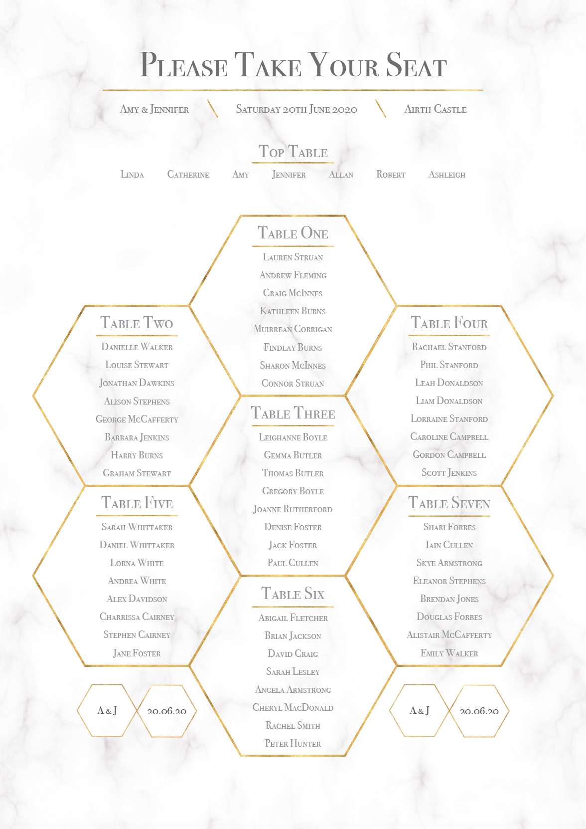 Geometric Marble Honeycomb Wedding Table Plan