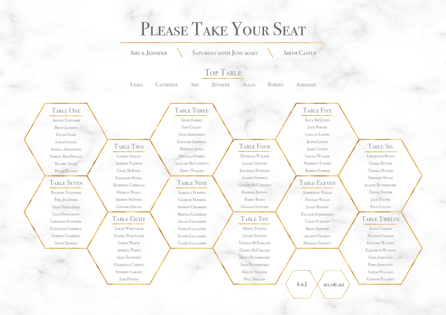 Geometric Marble Honeycomb Wedding Table Plan