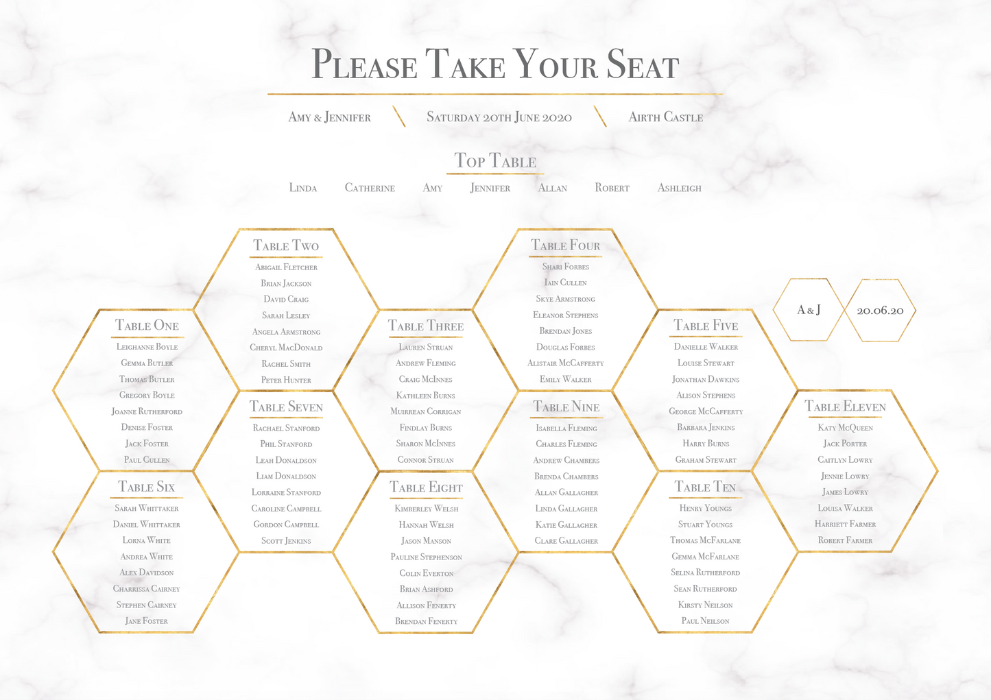 Geometric Marble Honeycomb Wedding Table Plan