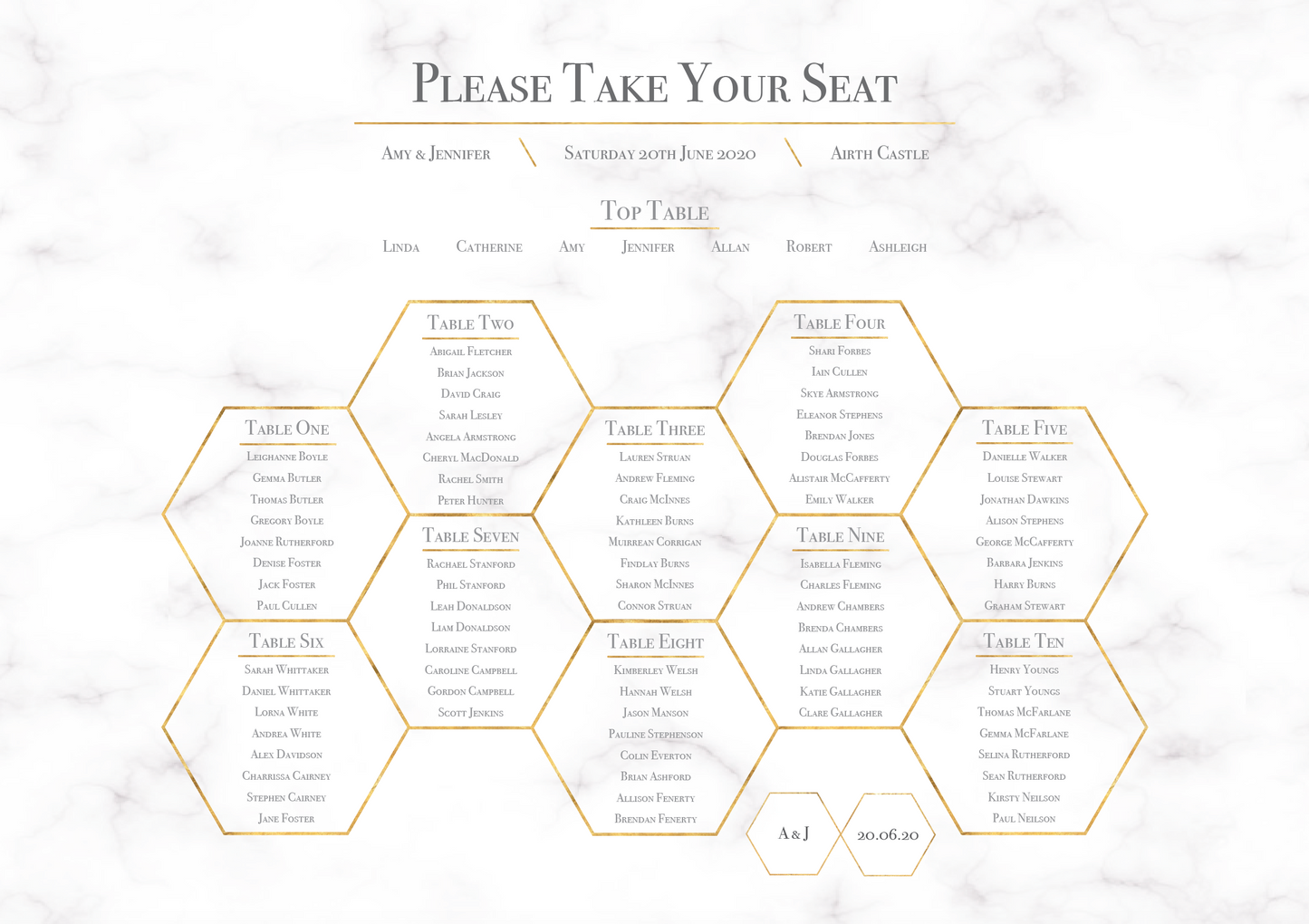 Geometric Marble Honeycomb Wedding Table Plan