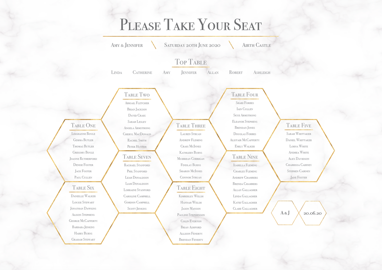 Geometric Marble Honeycomb Wedding Table Plan