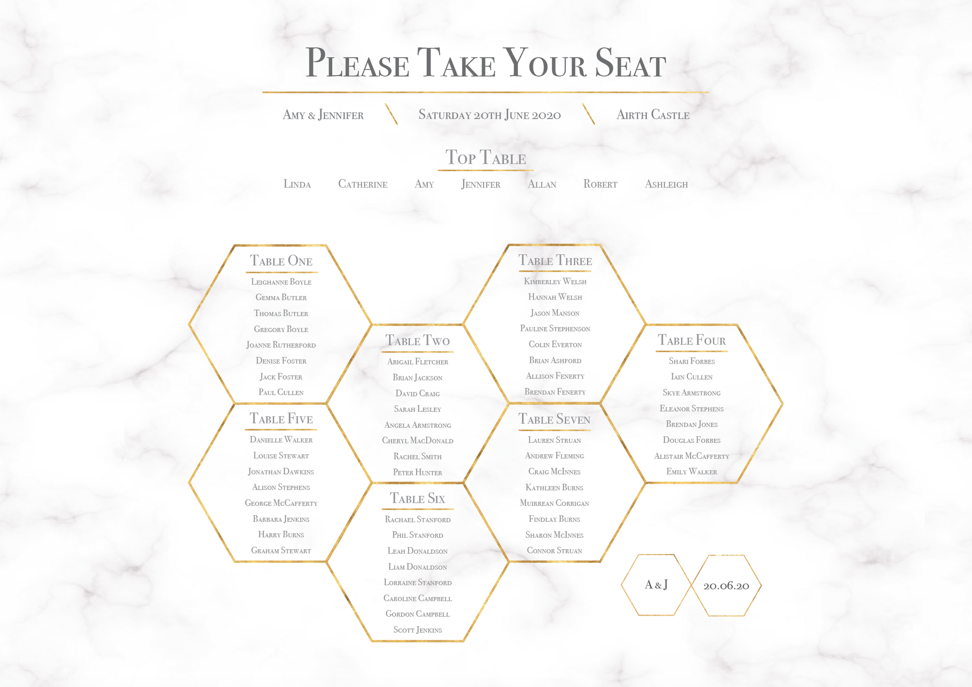 Geometric Marble Honeycomb Wedding Table Plan