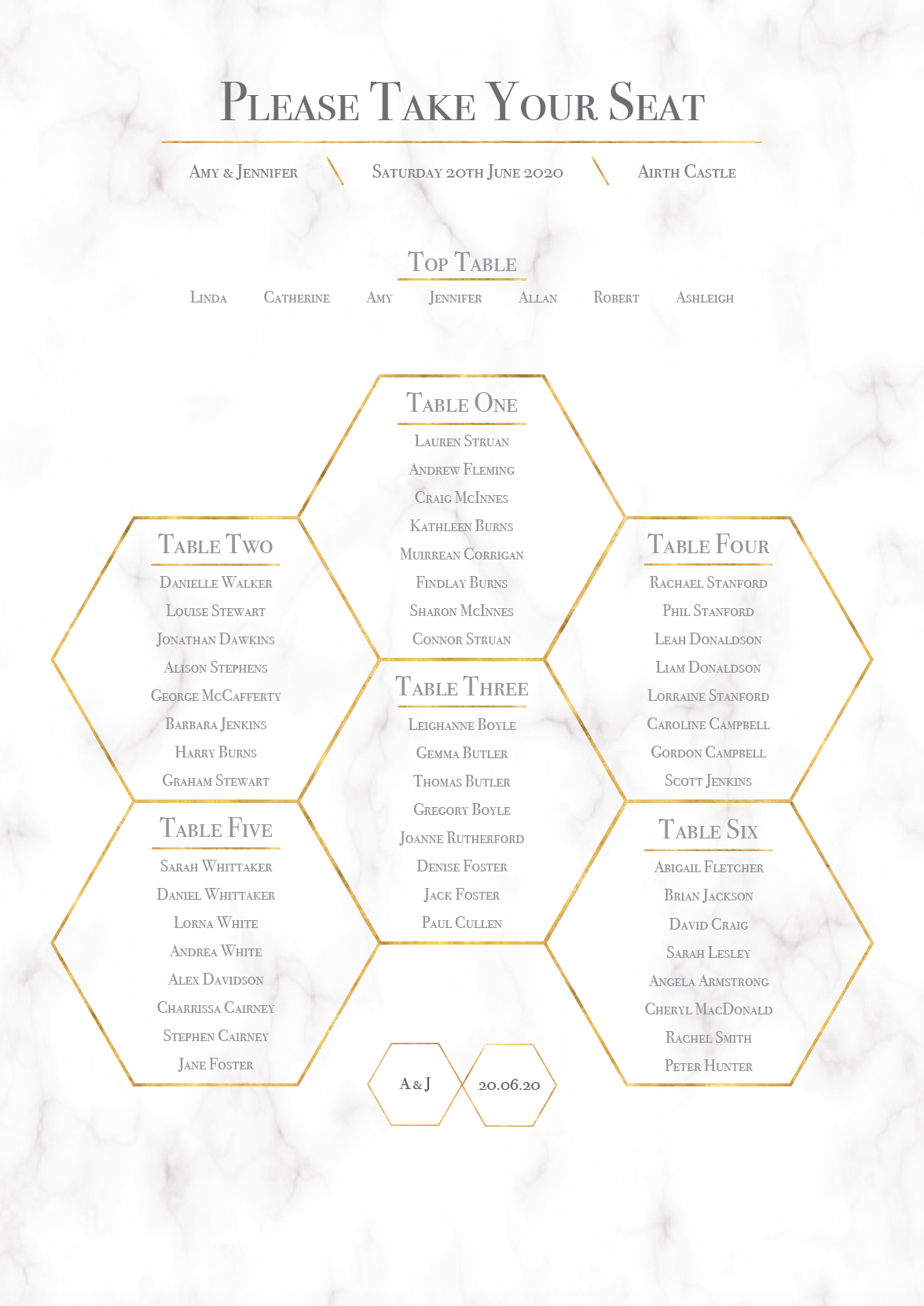 Geometric Marble Honeycomb Wedding Table Plan