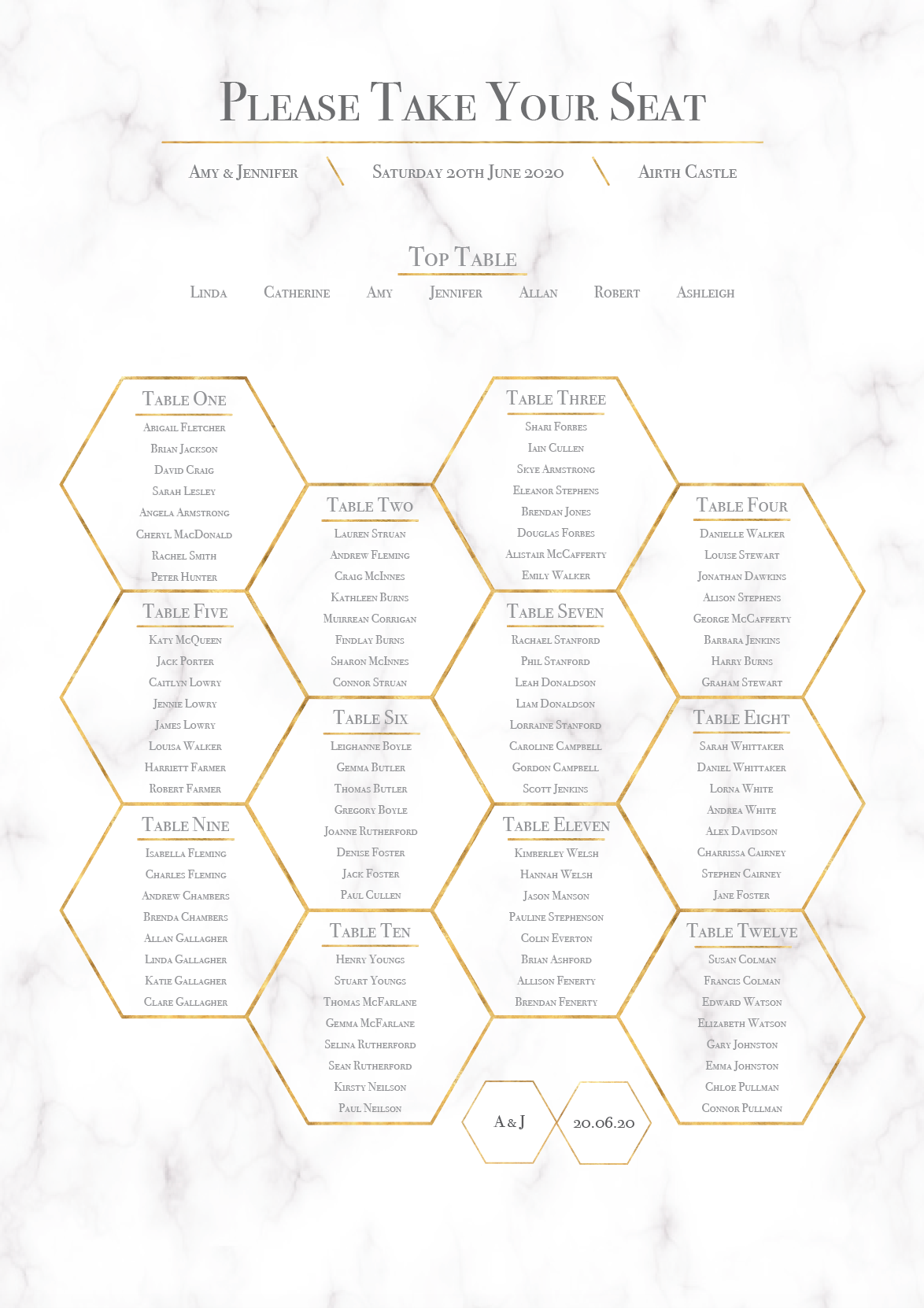 Geometric Marble Honeycomb Wedding Table Plan