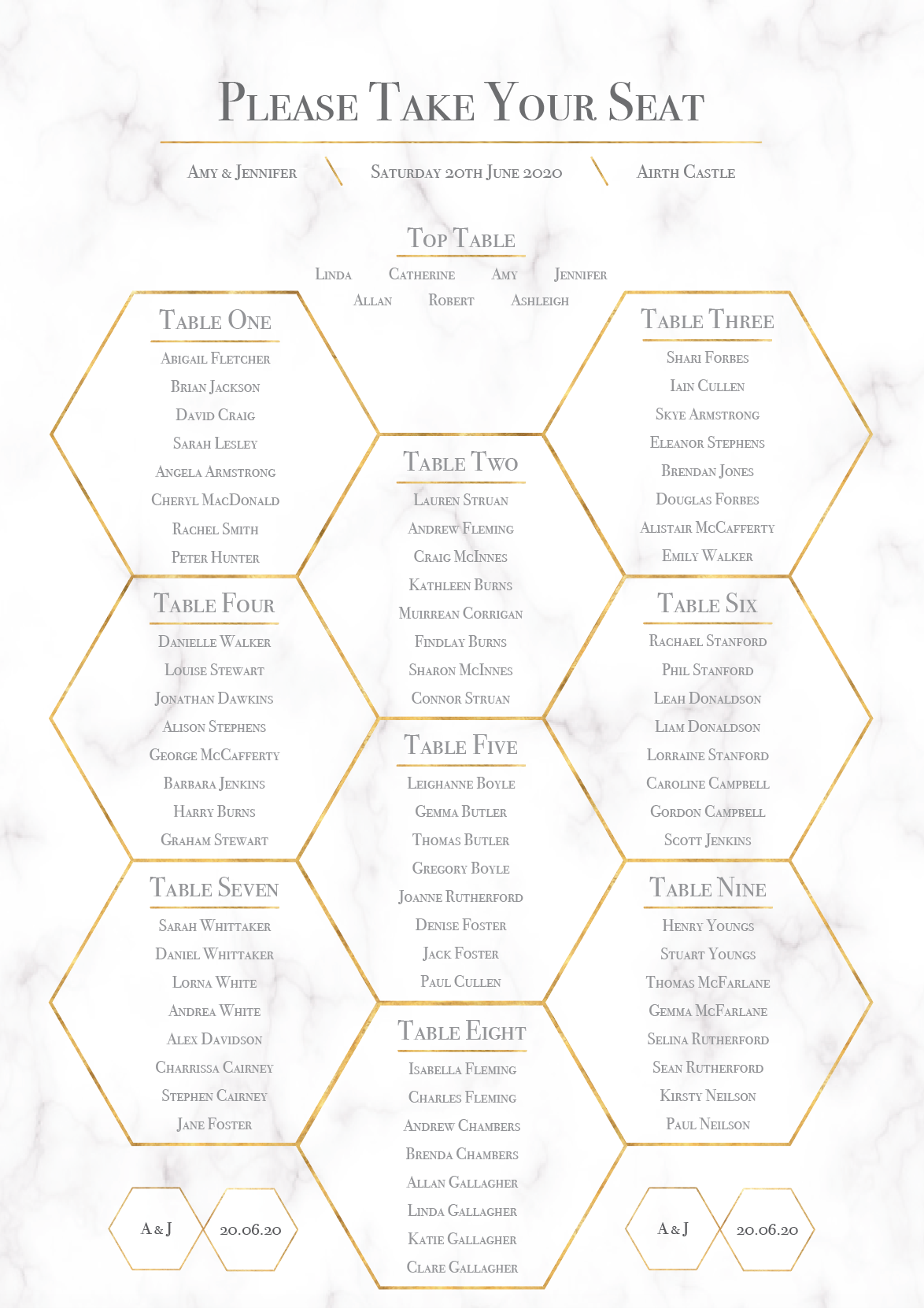 Geometric Marble Honeycomb Wedding Table Plan