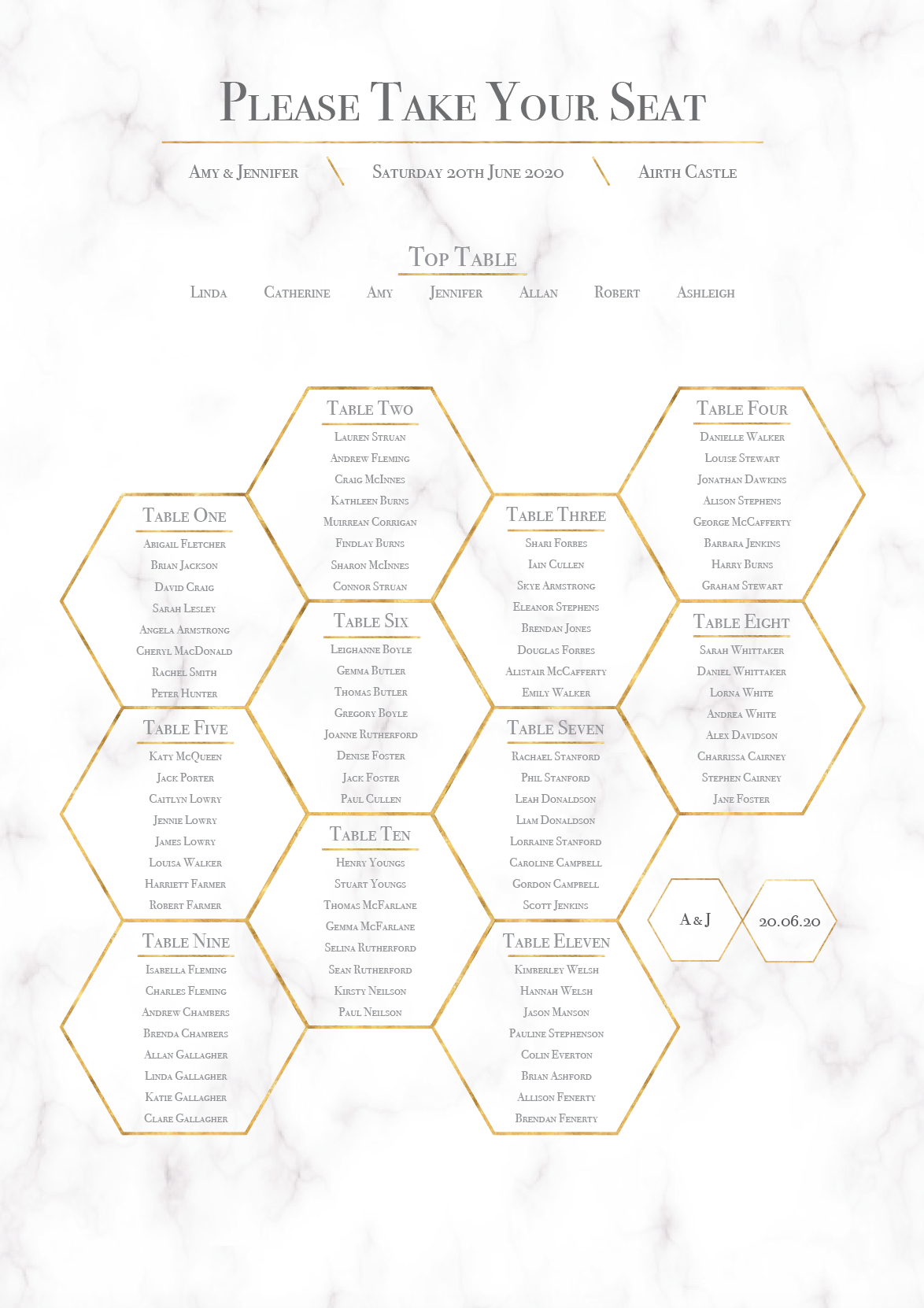 Geometric Marble Honeycomb Wedding Table Plan