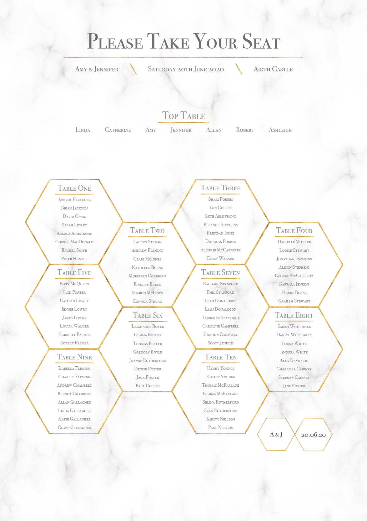 Geometric Marble Honeycomb Wedding Table Plan