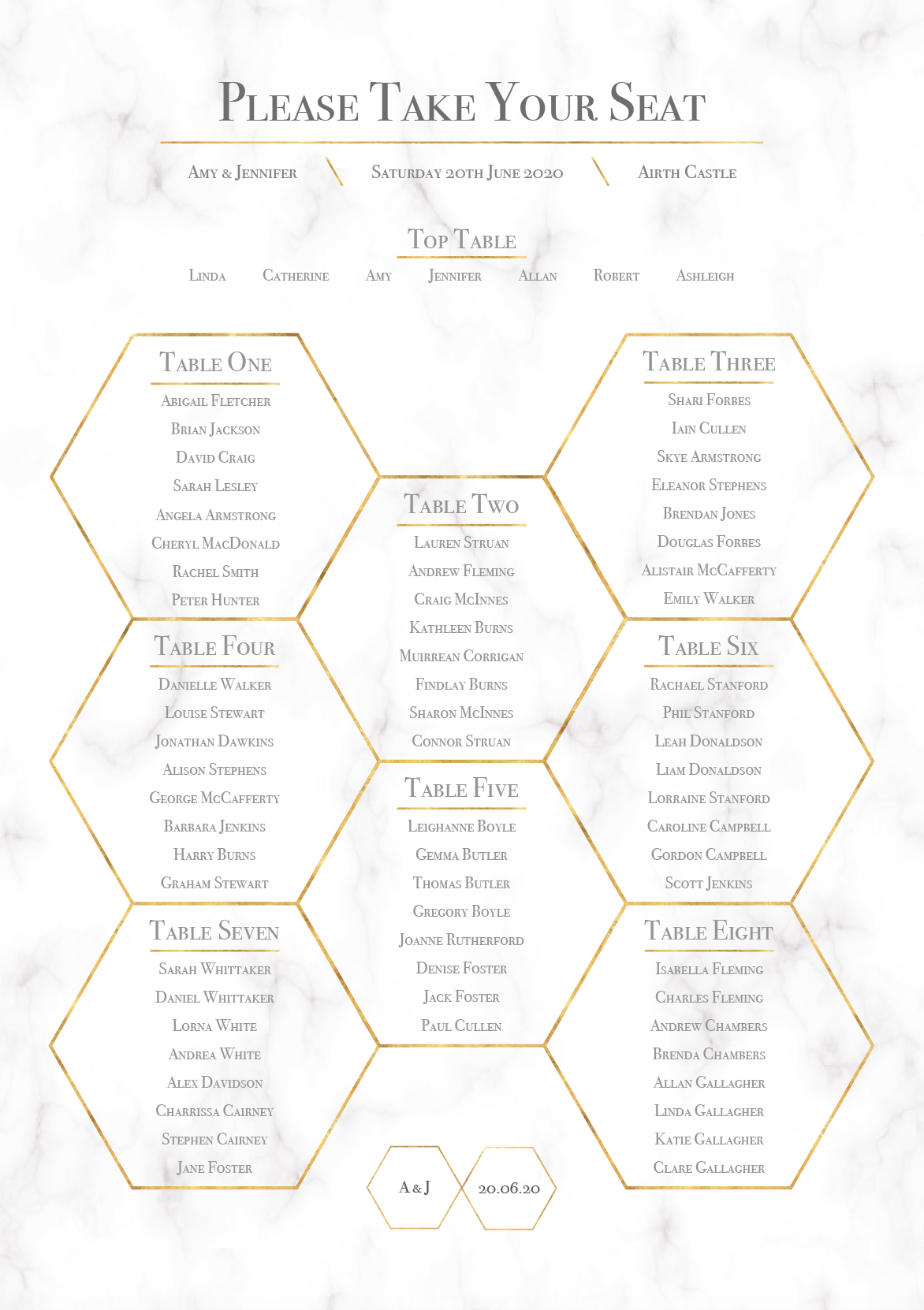 Geometric Marble Honeycomb Wedding Table Plan