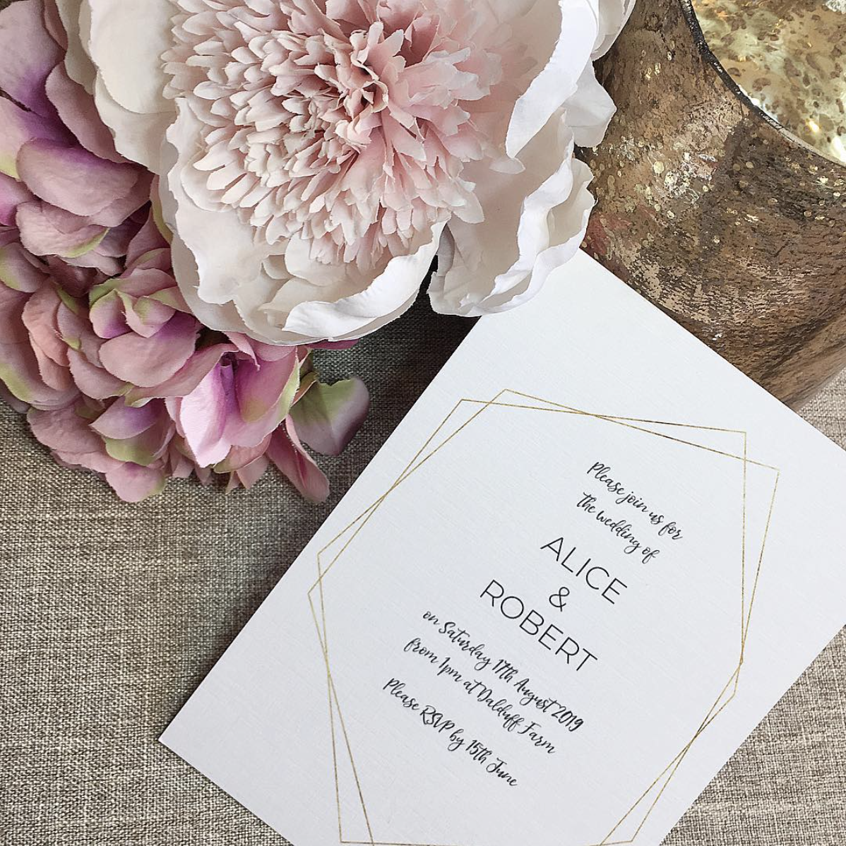 Simple Geometric Frame Wedding Invitation with Gold Foil Effect in White