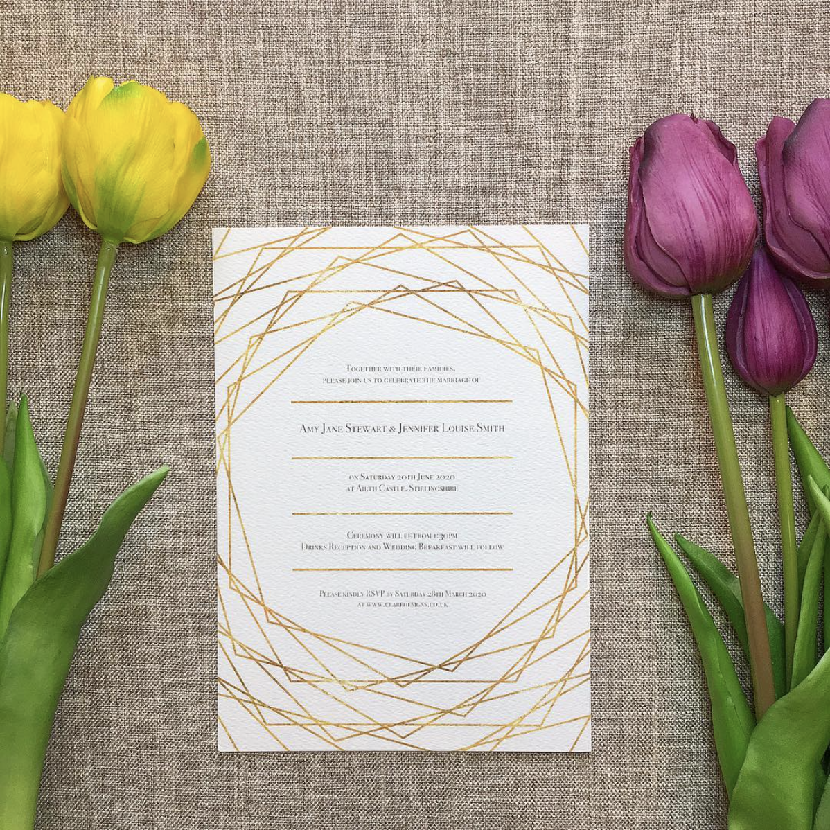 Geometric Framed Wedding Invitation with Gold Foil Effect