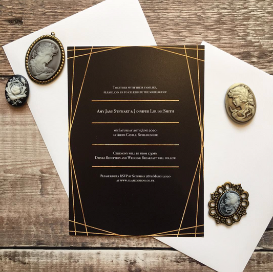 Vintage-Style Thin Frame Wedding Invitation with Gold Foil Effect in Black