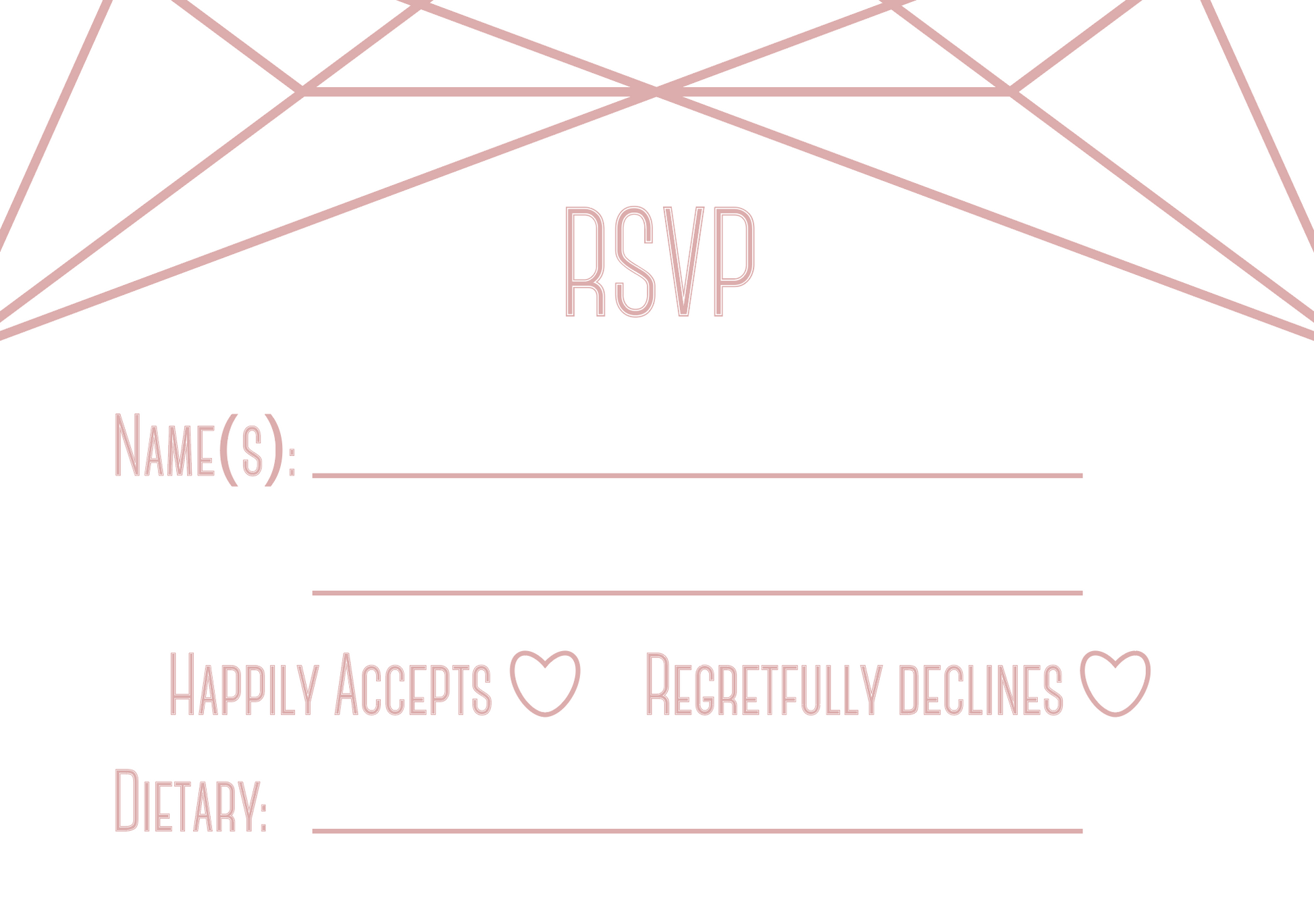 Double-sided A7 RSVP. This side has a white background and blush detail/text. There is space for the guests to write their names, and tick whether they can or cannot attend the wedding. There is also a space for them to indicate their dietary requirements.