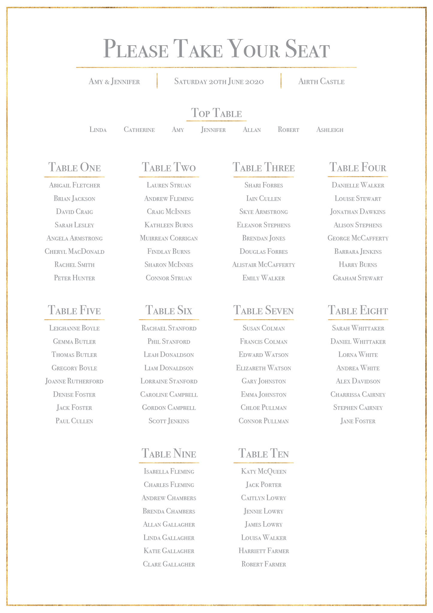 Classic Gold Foil Effect Frame Wedding Table Plan