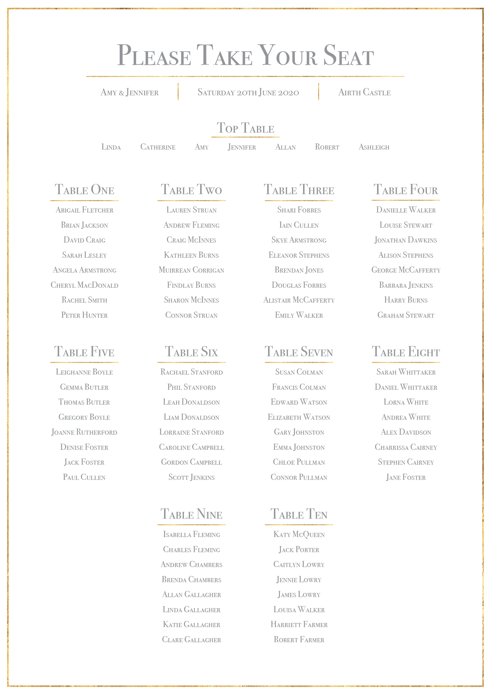 Classic Gold Foil Effect Frame Wedding Table Plan
