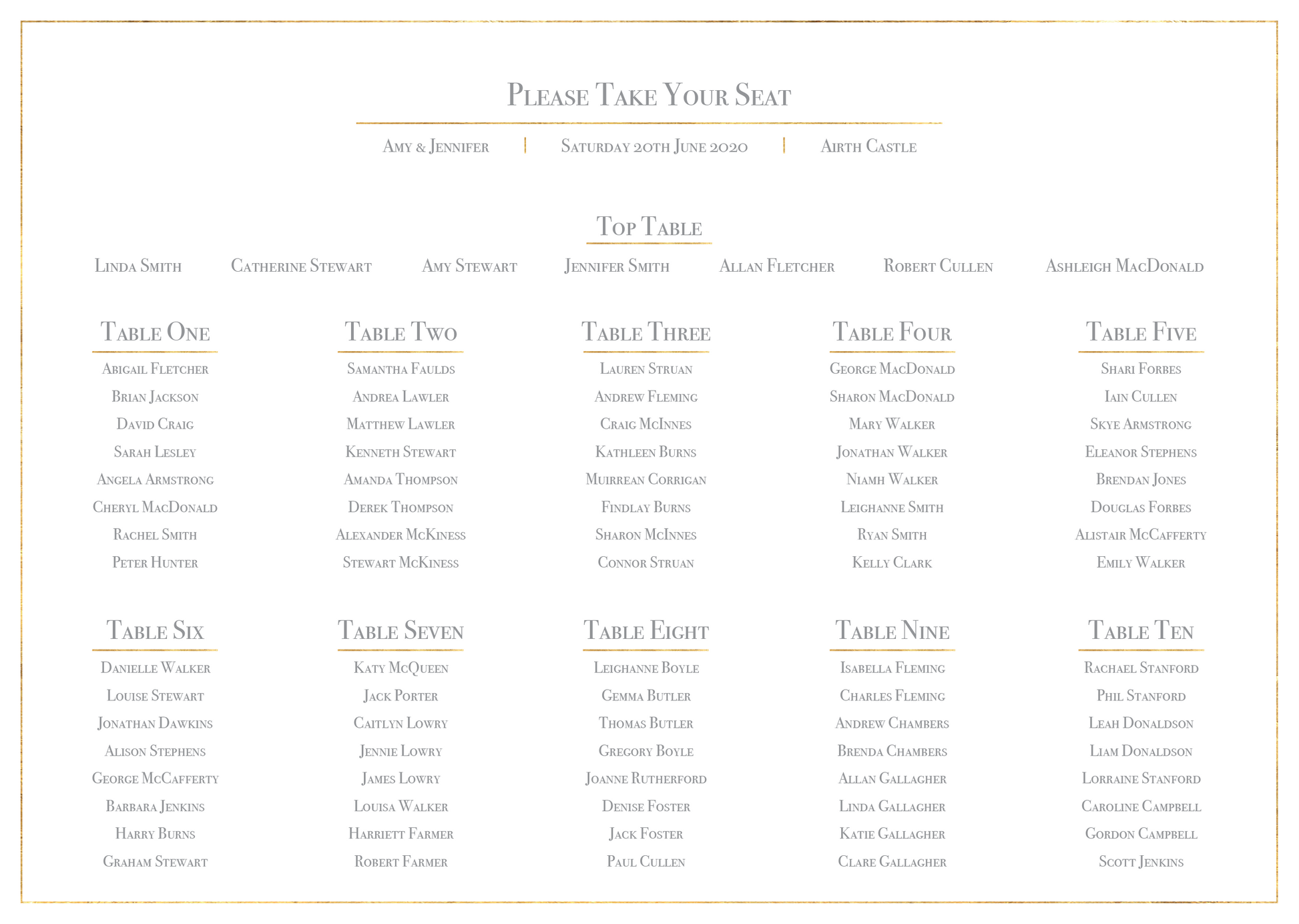 Classic Gold Foil Effect Frame Wedding Table Plan