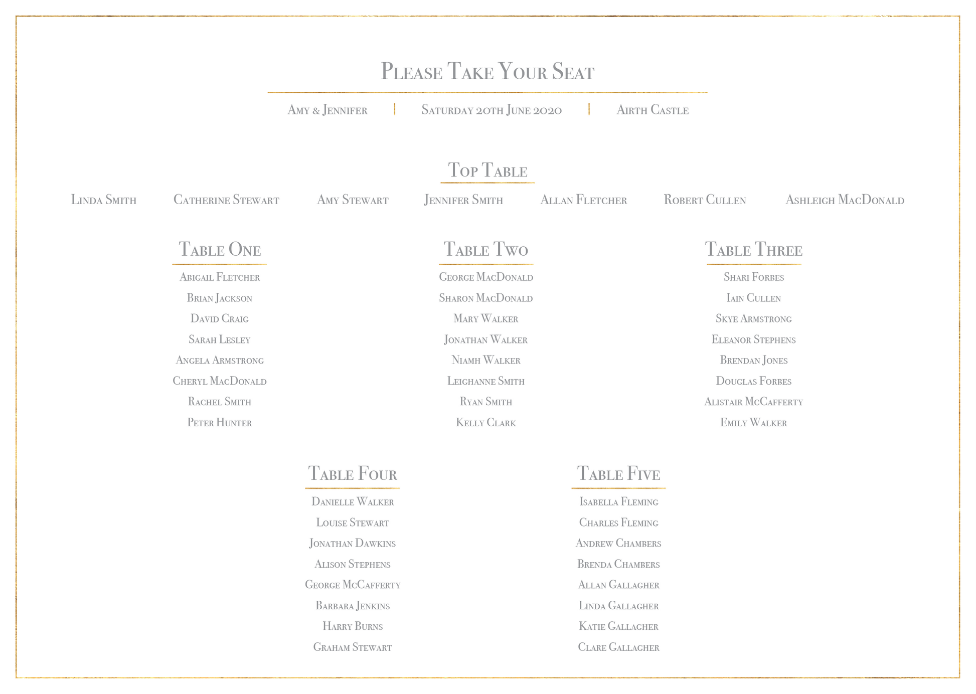 Classic Gold Foil Effect Frame Wedding Table Plan
