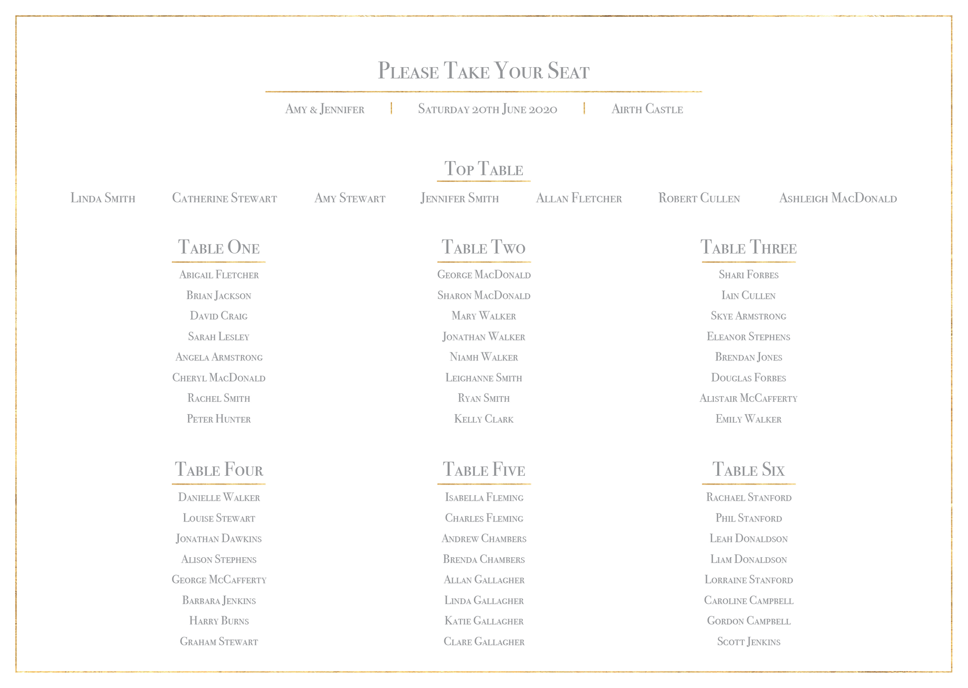Classic Gold Foil Effect Frame Wedding Table Plan