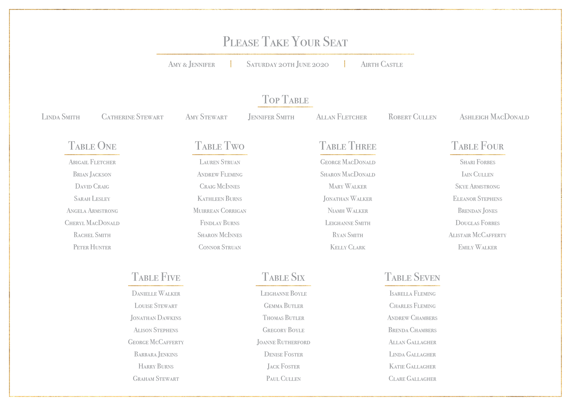 Classic Gold Foil Effect Frame Wedding Table Plan