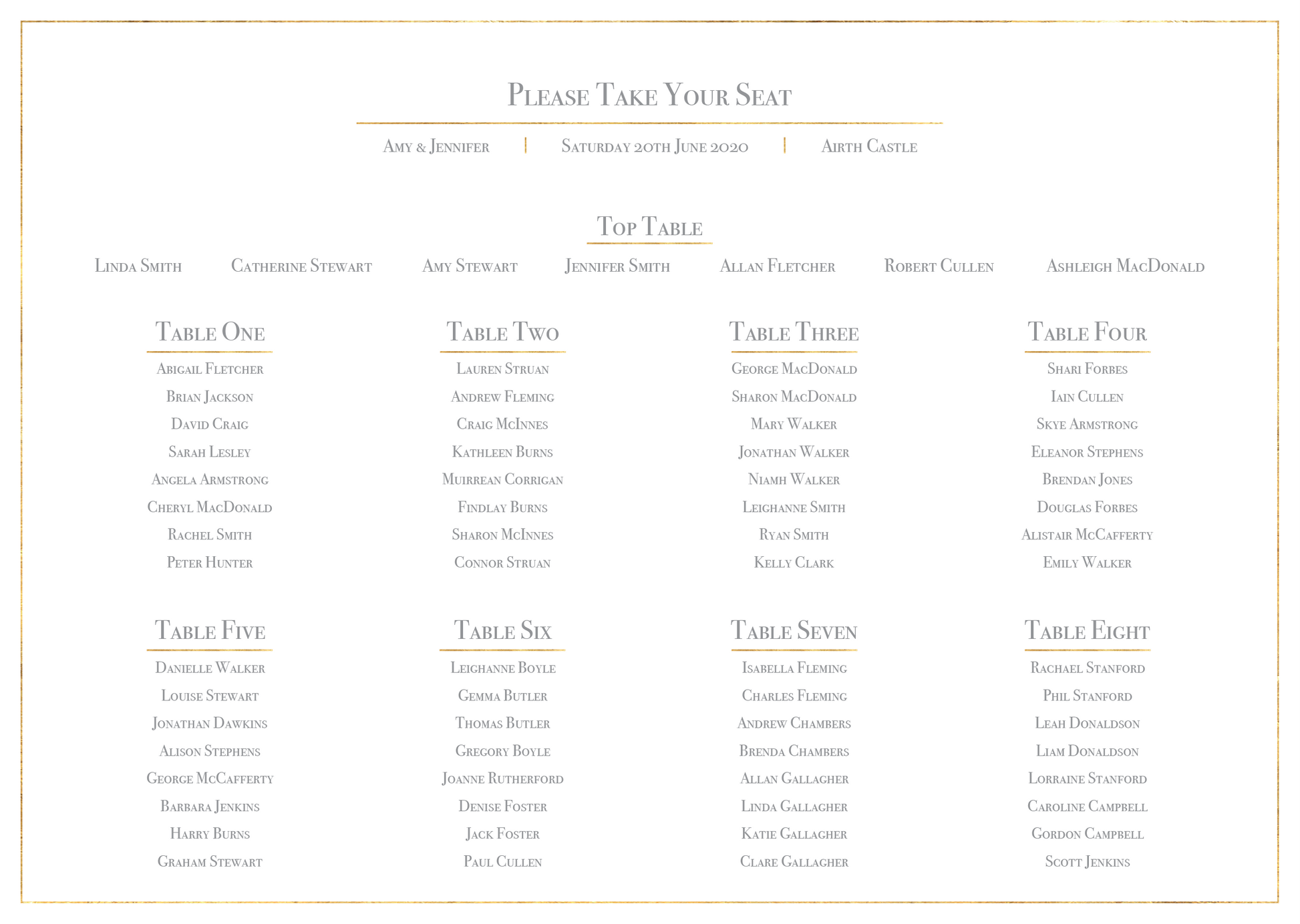 Classic Gold Foil Effect Frame Wedding Table Plan