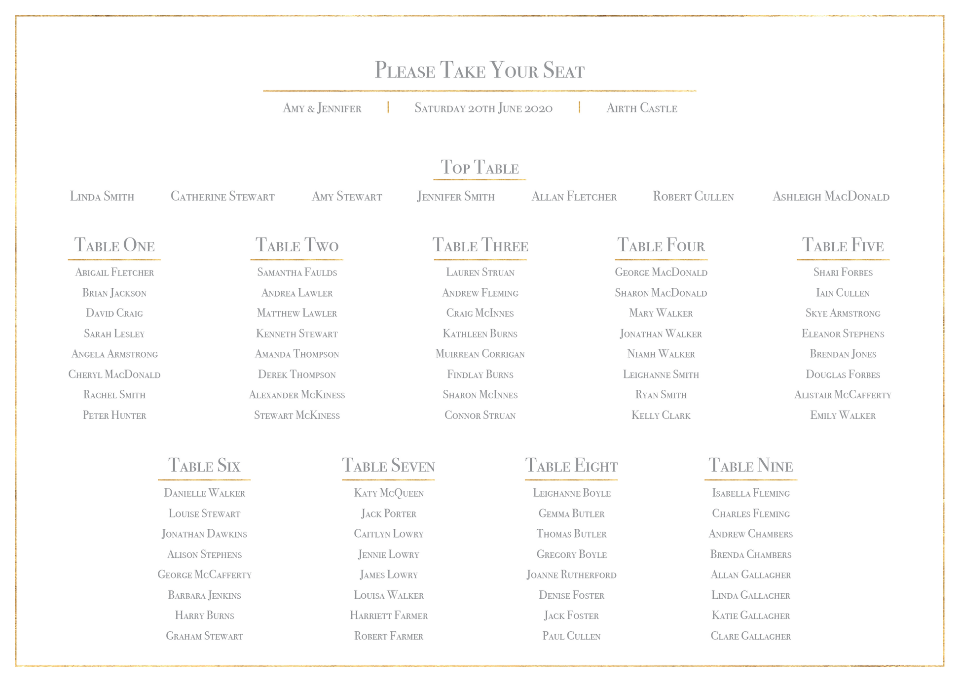 Classic Gold Foil Effect Frame Wedding Table Plan
