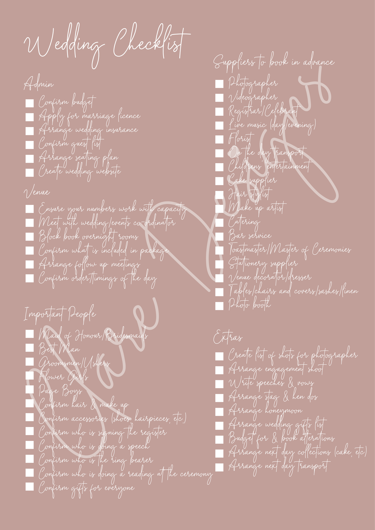Downloadable A4 Wedding Checklist