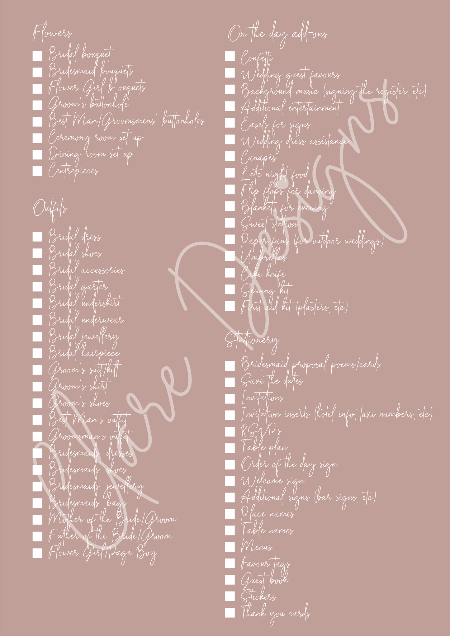 Downloadable A4 Wedding Checklist